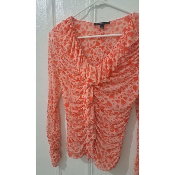 Inc Womens Medium Tulle Ruched Coral Plunge Neck Top Stretch Mesh - Picture 3 of 8